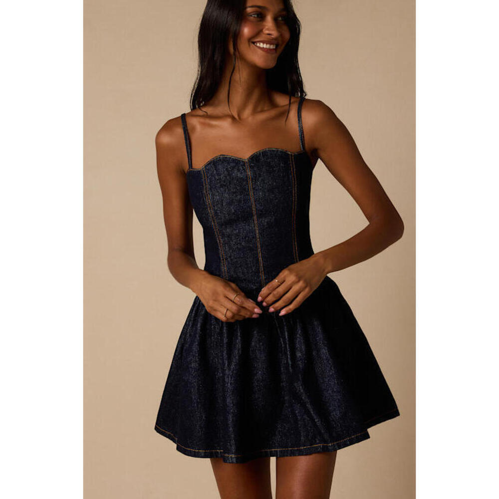 Lulus Phoenix Dark Wash Basque Waist Mini Dress Blue - Size XS